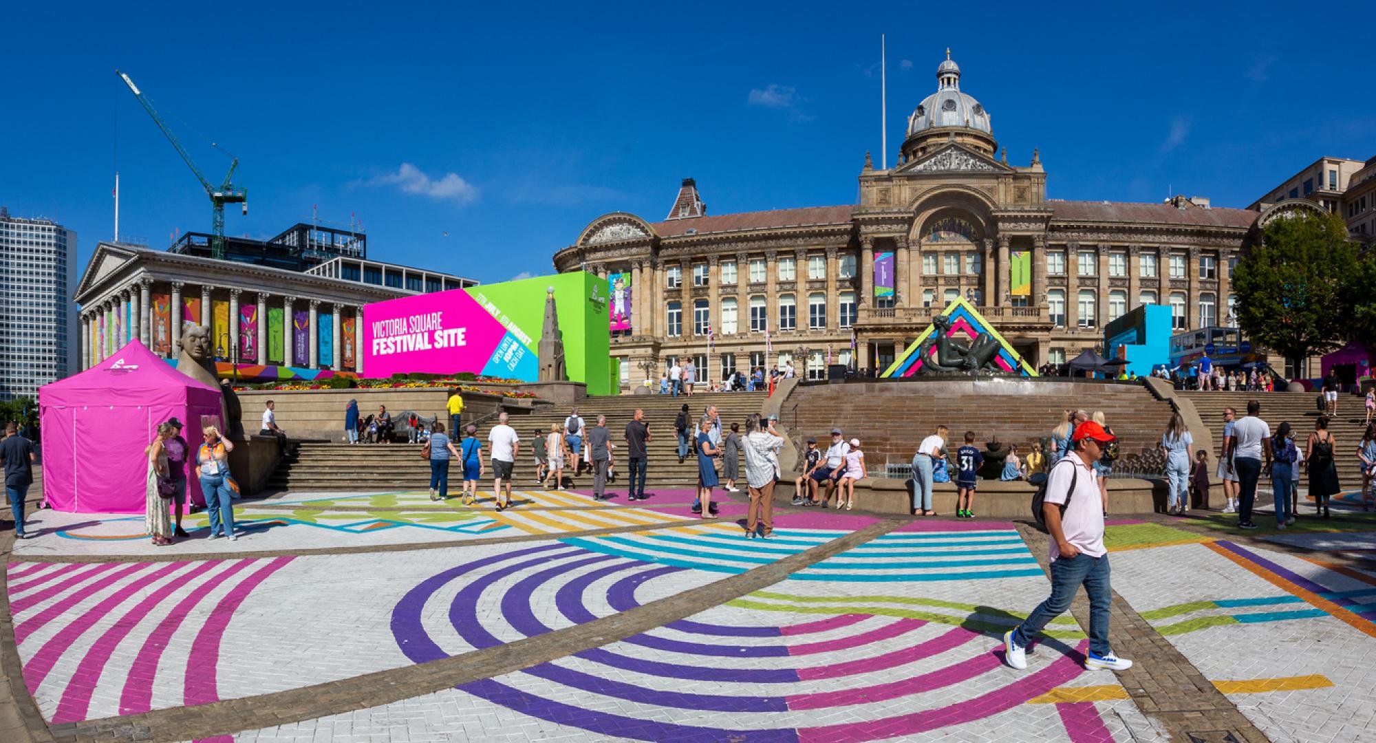 Birmingham, UK - August 8, 2022. A landscape view of The Commonwealth Games 2022 Festival Site in Victoria Square, Birmingham. Via Istock 