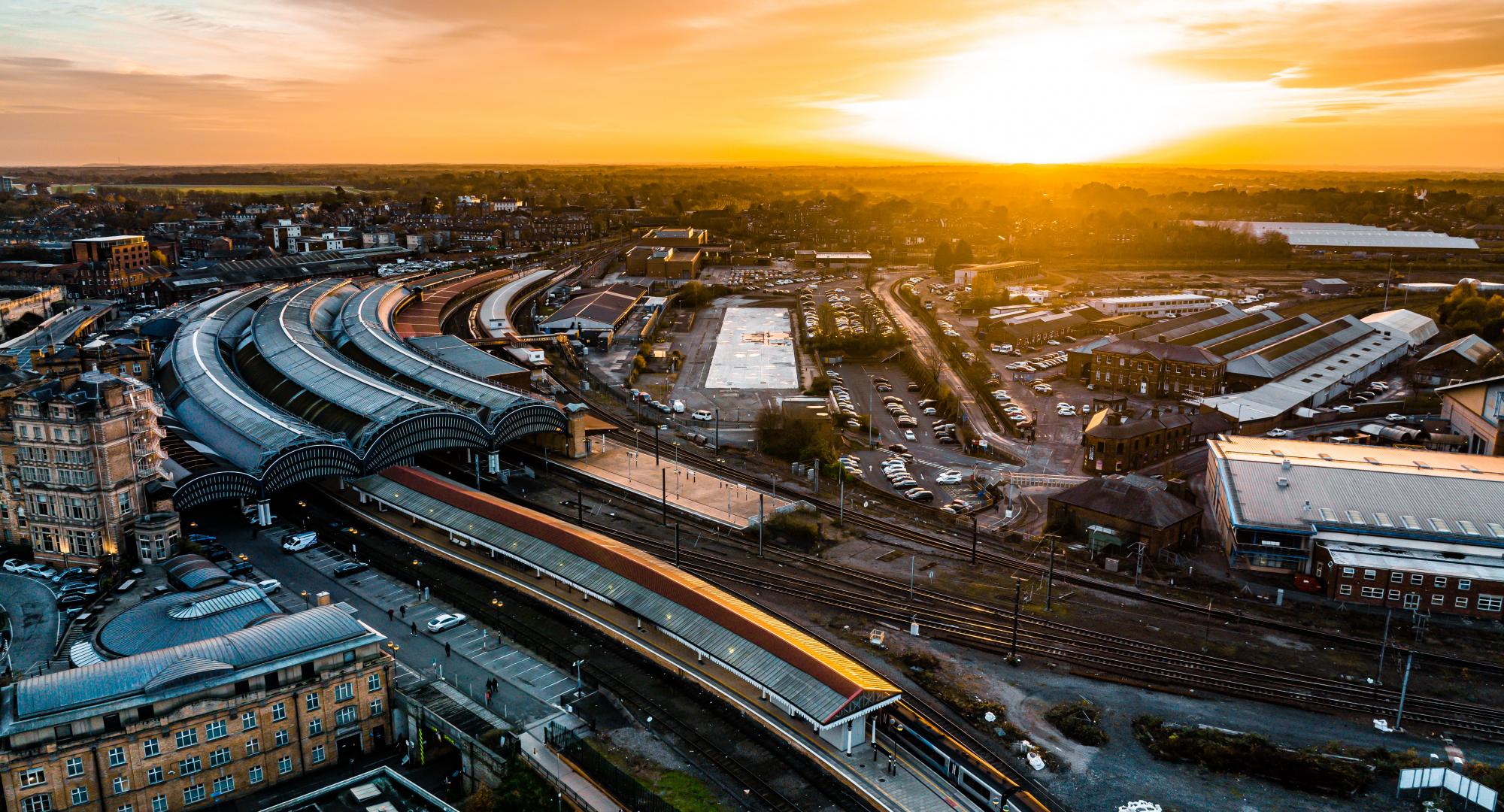 Aerial view of York Railway Station at night, via Istock