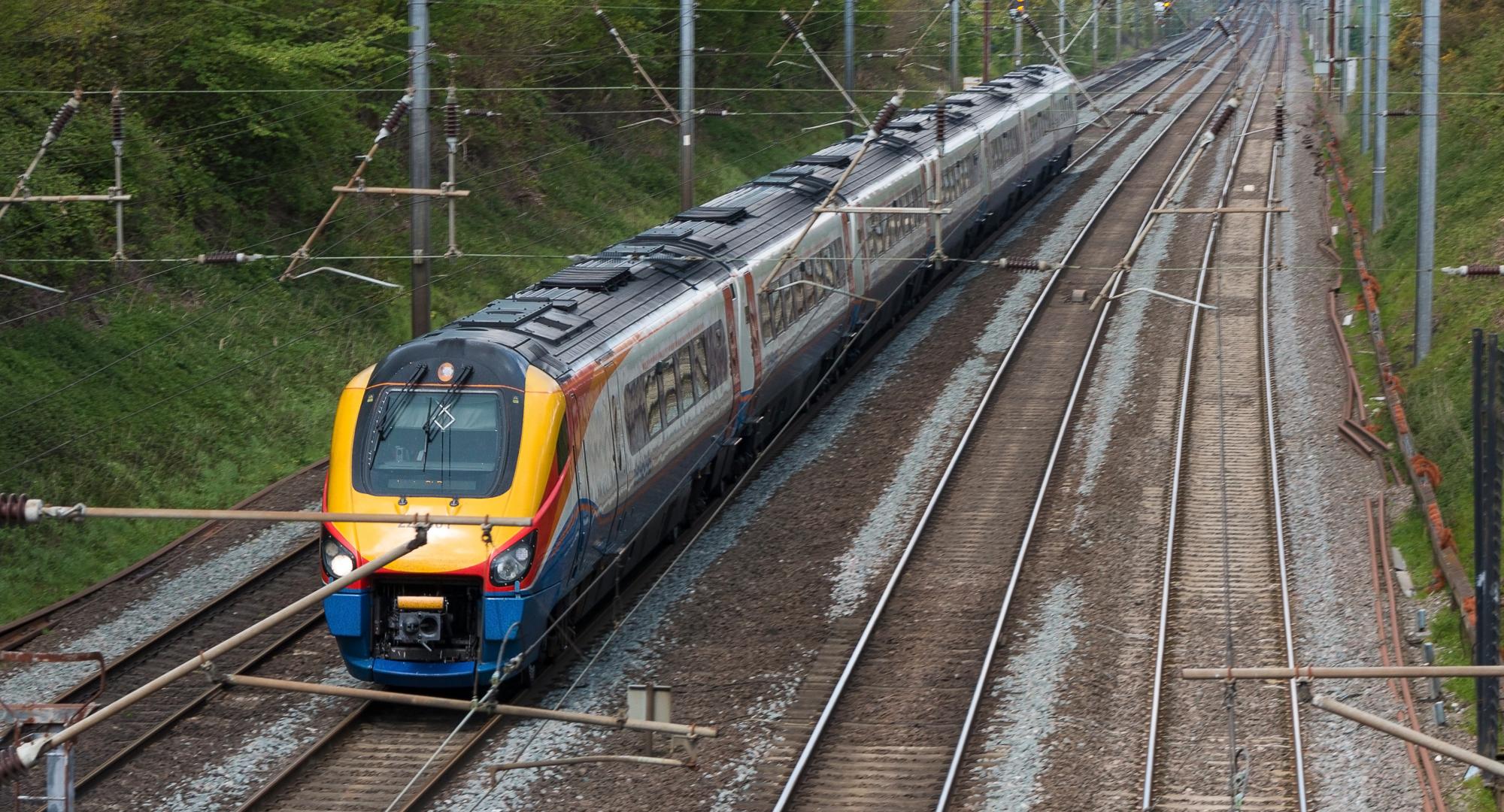 British East Midlands train in motion on the railway, via Istock 
