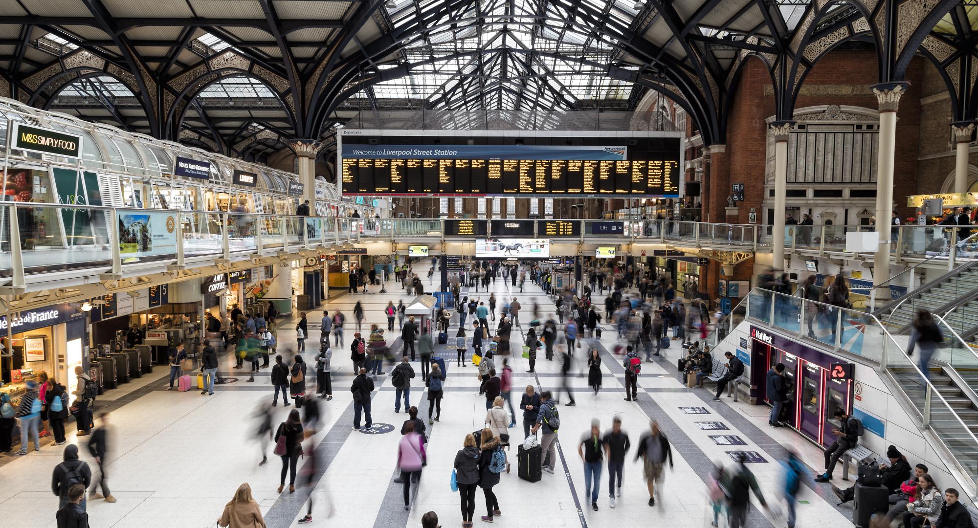 Main entrance hall of Liverpool Street train station in London, UK. Via Istock