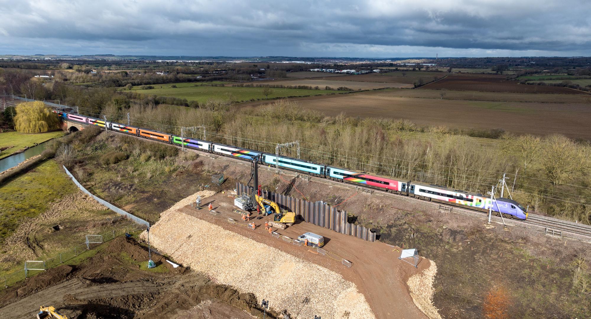 Blisworth earthworks drone shot with Avanti Progress Train passing by - Credit Network Rail