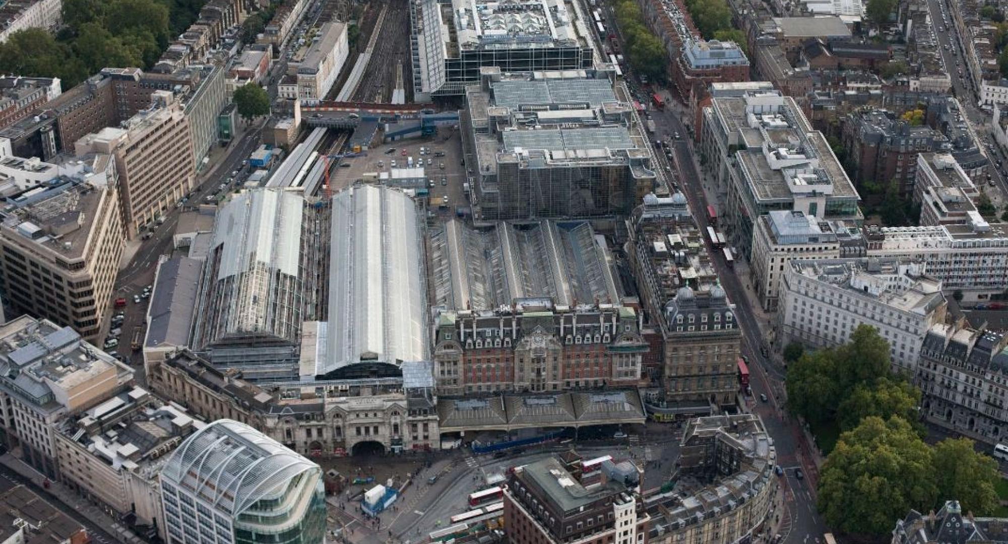 Aerial view of Victoria station - part of a huge resignalling project