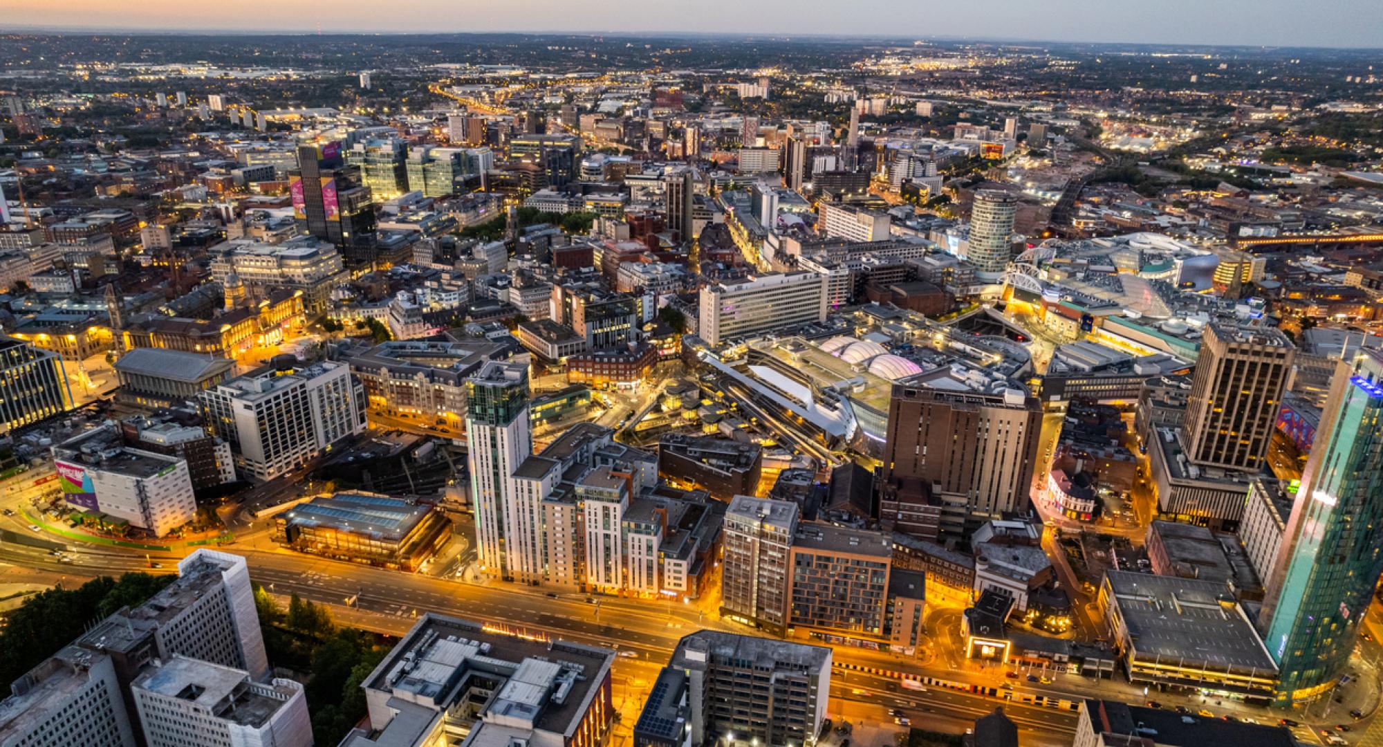 Birmingham city skyline with train network