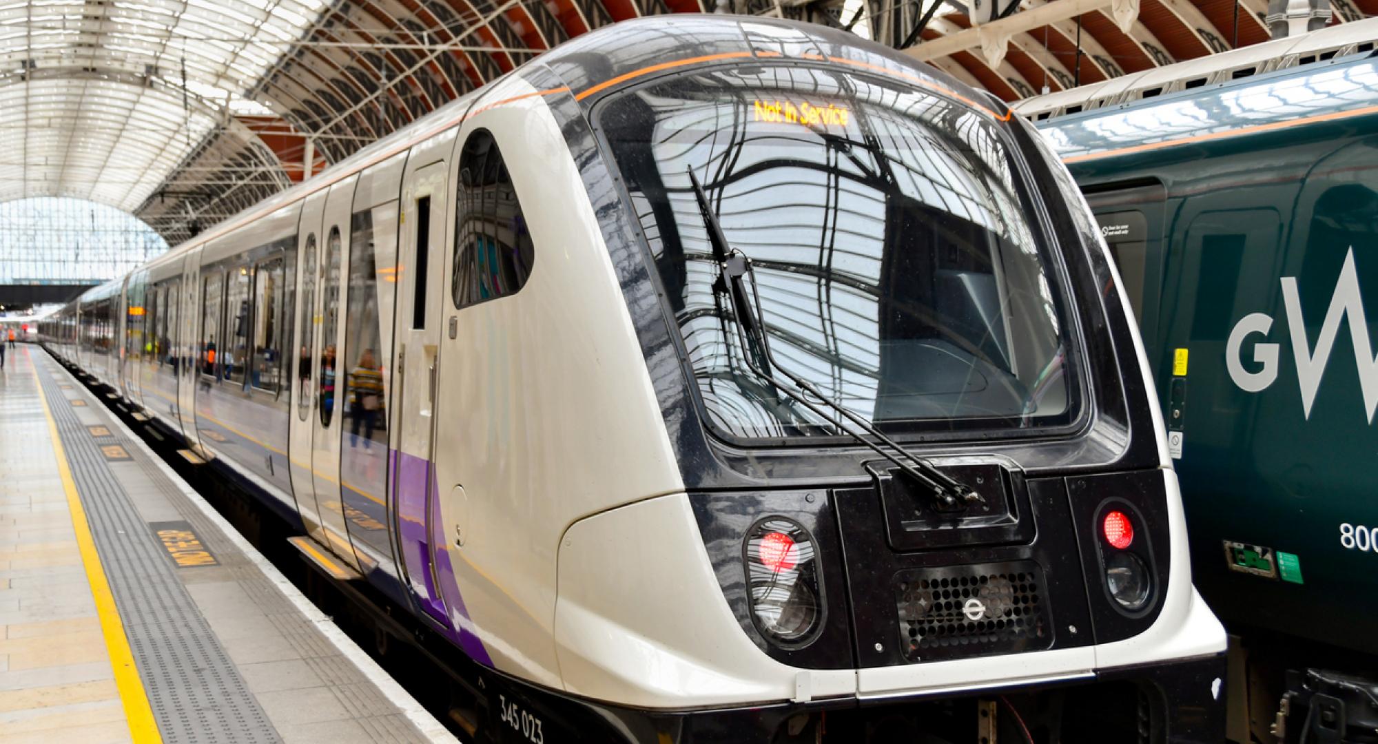 New commuter train on the Elizabeth Line stopped at London Paddington railway station