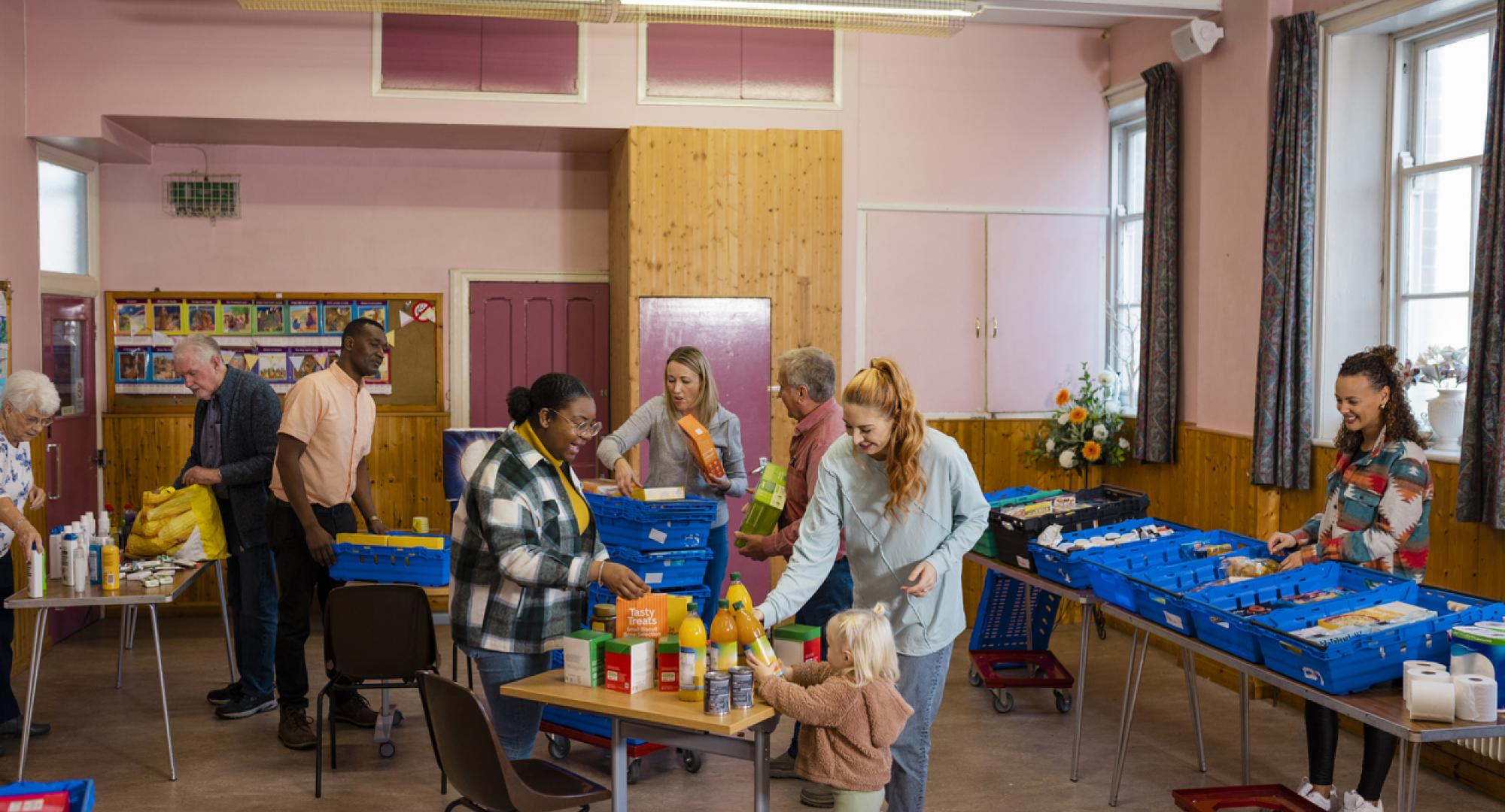 Food bank being run by volunteers at a community church