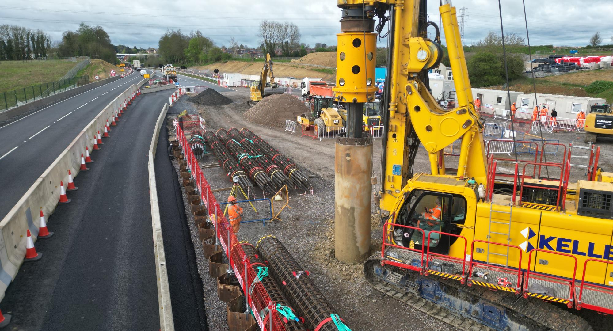 Piling rig at work on the site of the A43 overbridge April 2024