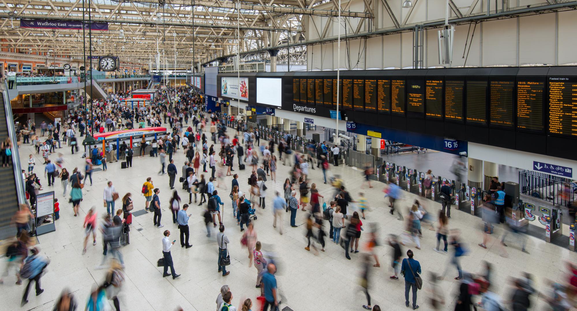 Busy train station with passengers