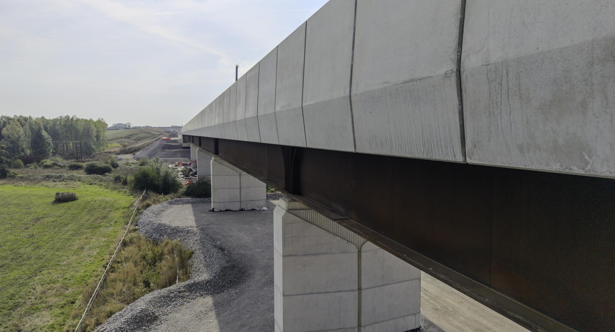 Close up of the weathering steel beam and concrete parapets of the Westbury viaduct October 2026