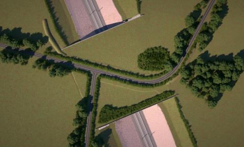 CGI showing birds eye view of the road layout on top of the Turweston green bridge