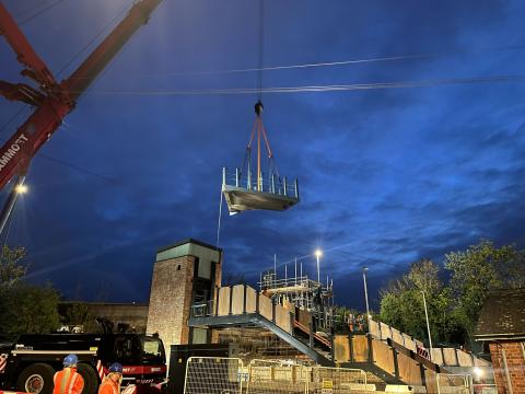 Part of the Garforth bridge deck being craned into place, Network Rail