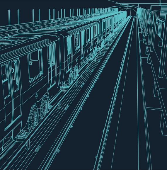 Wireframe blueprint of a metro train in a station