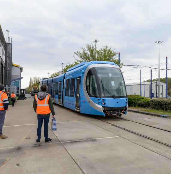 New West Midlands Metro tram arriving at the Wednesbury depot