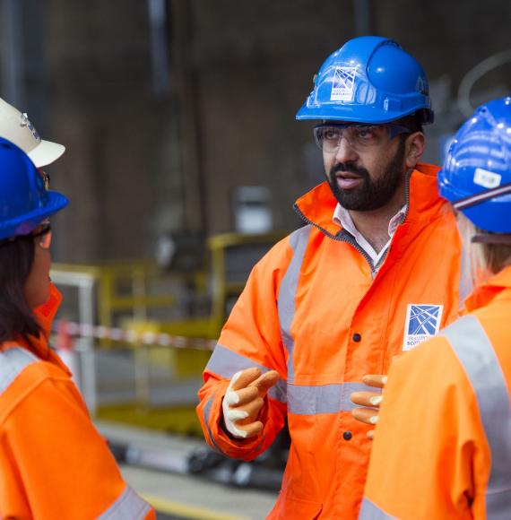 Humza Yousaf talking with Network Rail staff