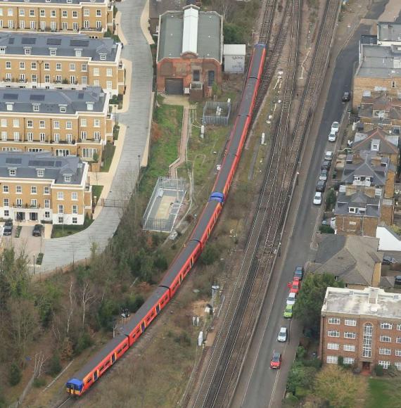 Aerial shot of a train at Twickenham Junction