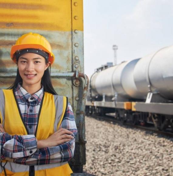 Female engineer working on train