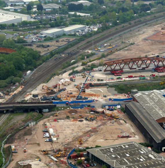 Aerial photograph of the railway bridge being established