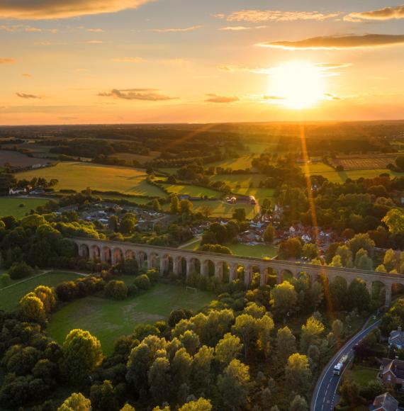 An aerial view of the Chappel and Wakes Colne viaduct in the English county of Essex, via Istock