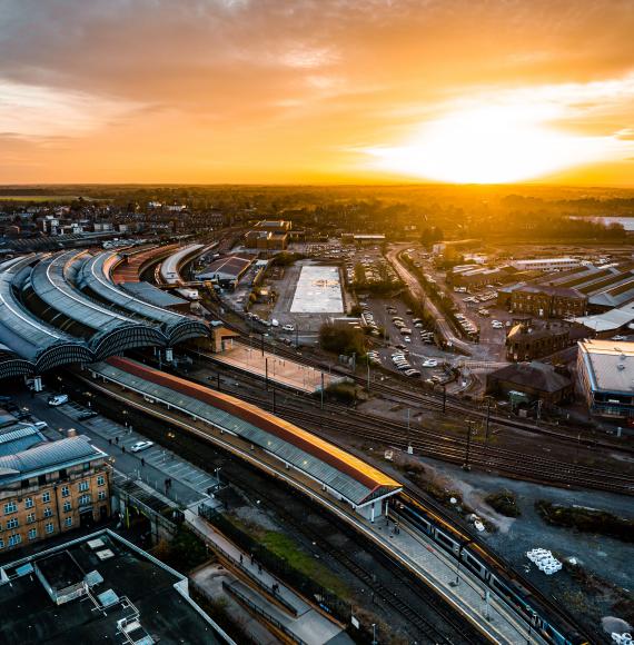 Aerial view of York Railway Station at night, via Istock 