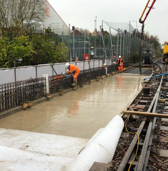 Concrete pour to form new deck of Petteril Bridge after freight train derailment in Carlisle, via Network Rail 