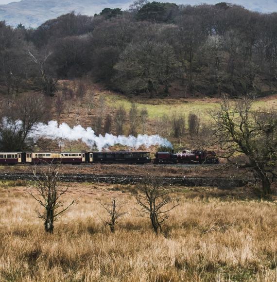A steam train passing through the small village of Beddgelert, North Wales, via Istock 