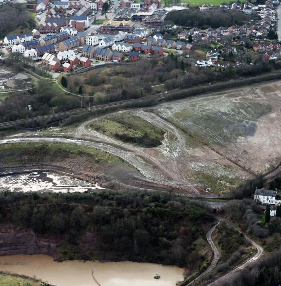 Aerial view of former mine site beside railway at Hadley near Telford