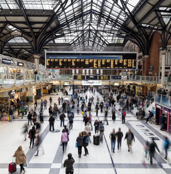 Main entrance hall of Liverpool Street train station in London, UK. Via Istock 