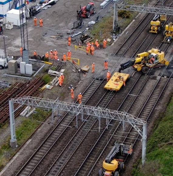 Drone shot of signalling gantries being replaced in Crewe - credit Network Rail 