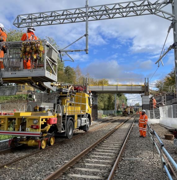 Network Rail engineers carry out wiring work on the Midland Main Line, Network Rail