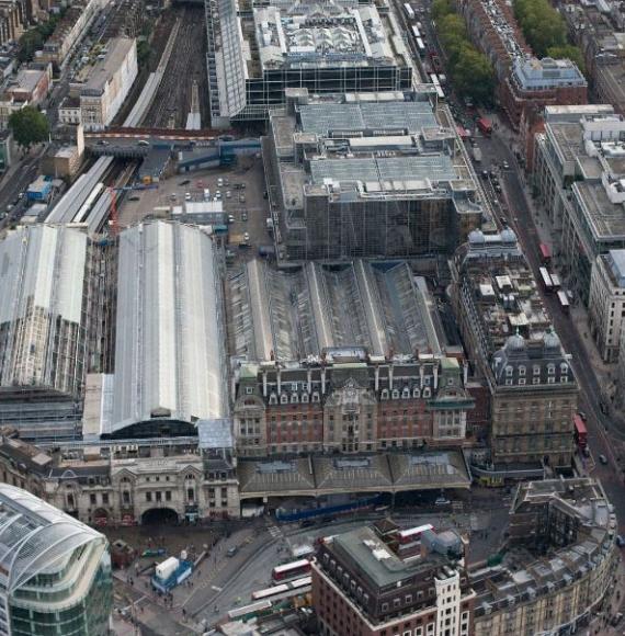 Aerial view of Victoria station - part of a huge resignalling project