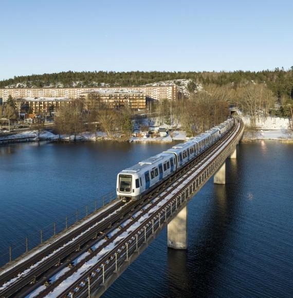 Stockholm Metro running over a bridge