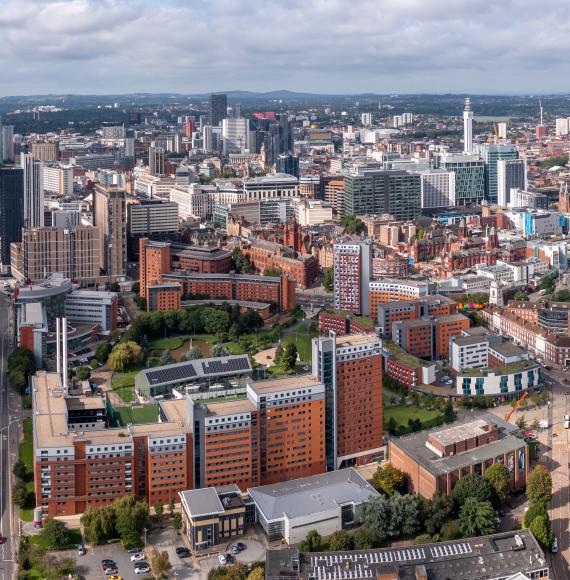 Aerial view of a Birmingham cityscape skyline with city centre
