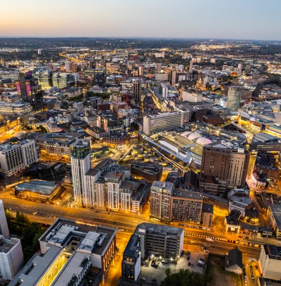 Birmingham city skyline with train network