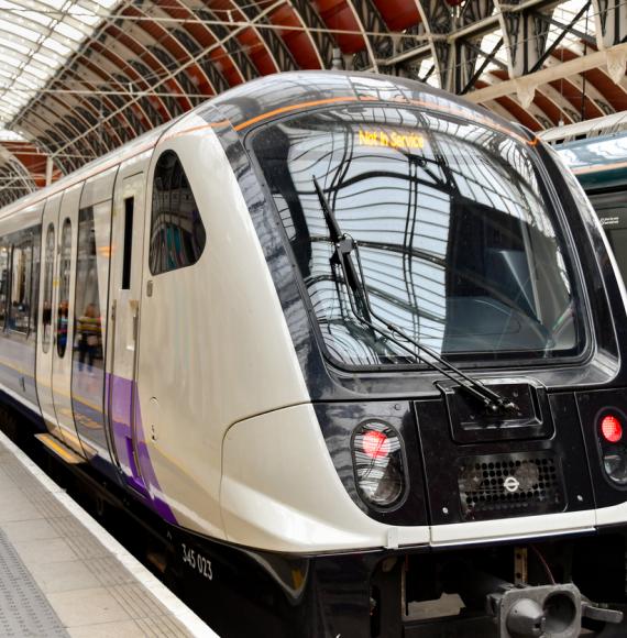 New commuter train on the Elizabeth Line stopped at London Paddington railway station