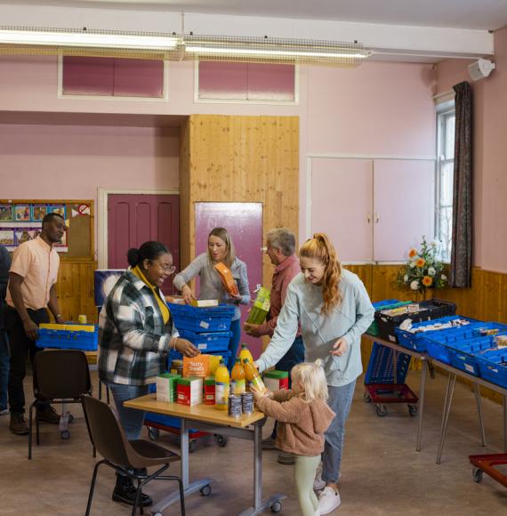 Food bank being run by volunteers at a community church