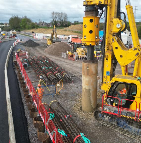 Piling rig at work on the site of the A43 overbridge April 2024