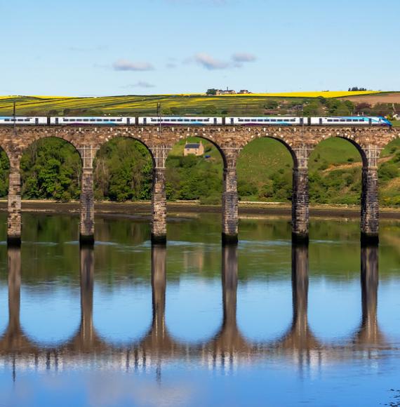 A TPE train on a viaduct
