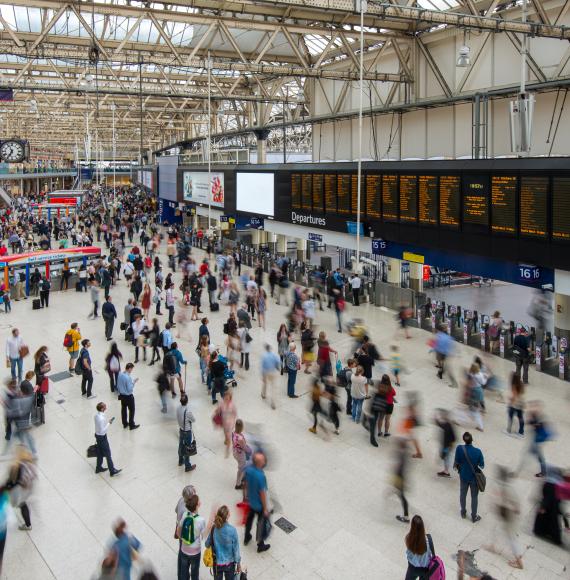 Busy train station with passengers