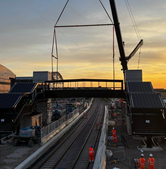 Lifting the footbridge into place